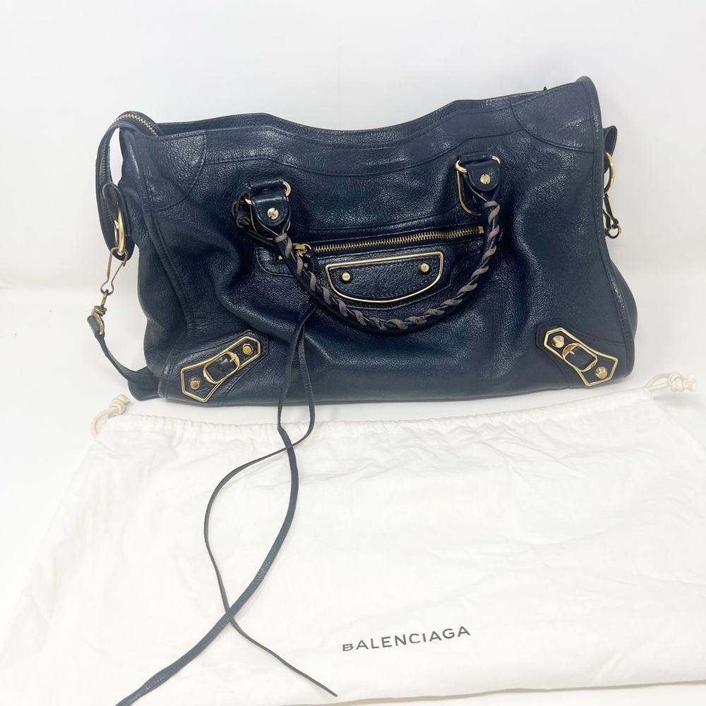 BALENCIAGA Chevre Gold Metallic Edge Hardware City Bleu Nuit Dark Sea